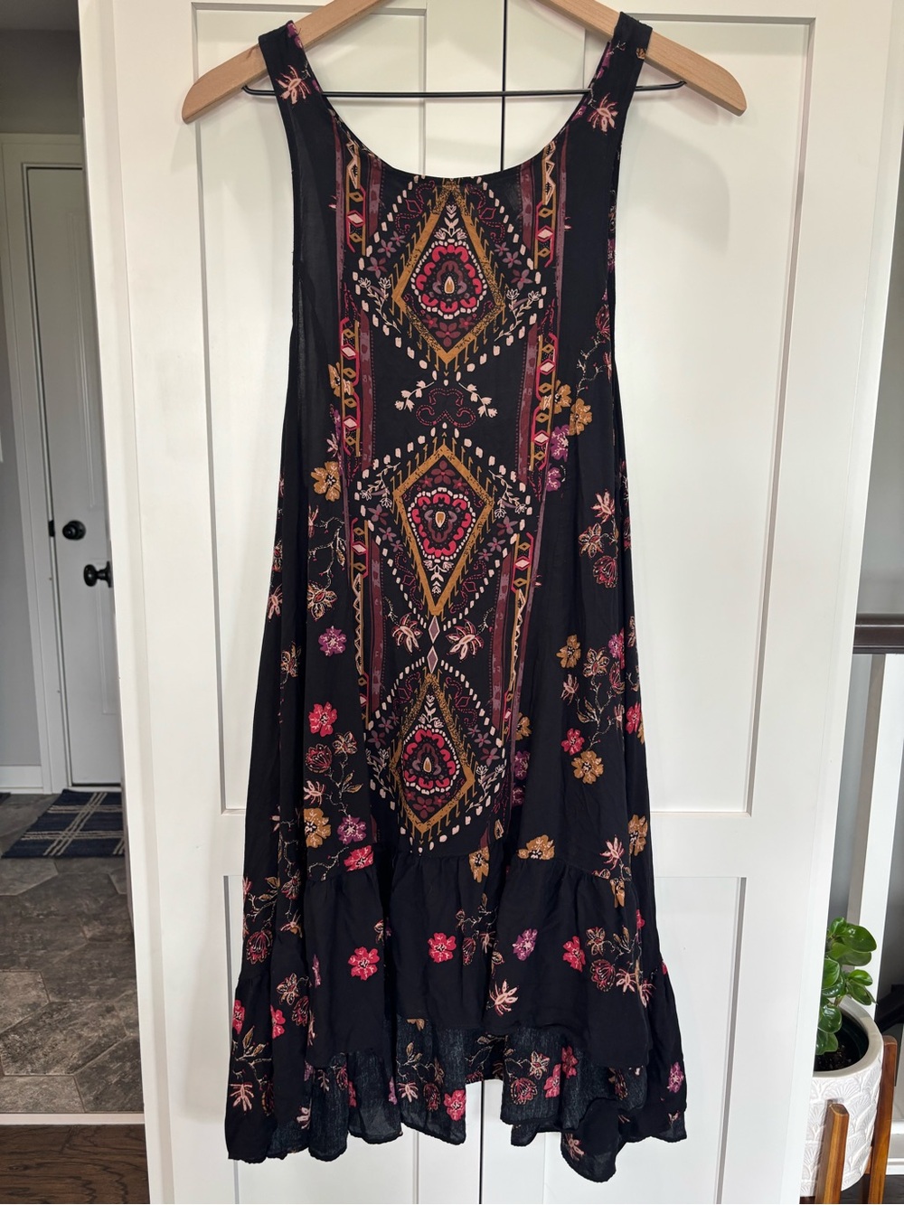 Free People Boho Black Mini Dress with Pink & Gold Floral Print